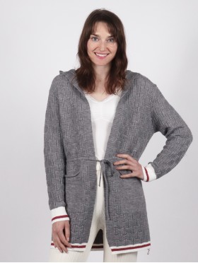 Canadiana Grey Cardigan with Red+White Details, Pockets and Hood